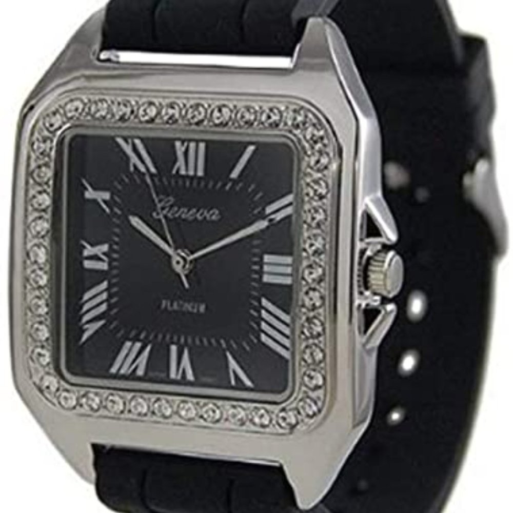 Geneva Platinum 6934 Square Silicone Rubber Strap Watch- BLK/SIL